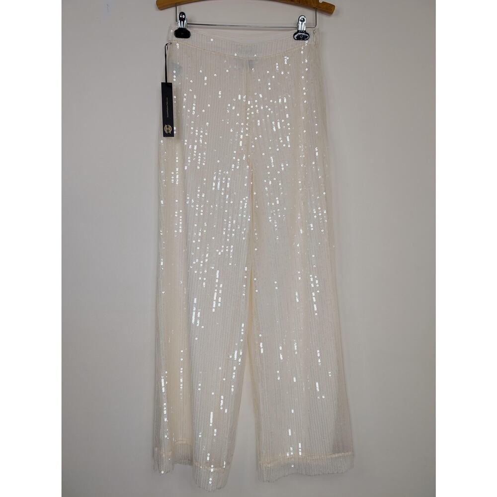 House Of Harlow 1960 Dress Pants Womens 4 Cream Sequin Mesh Wide Leg Formal